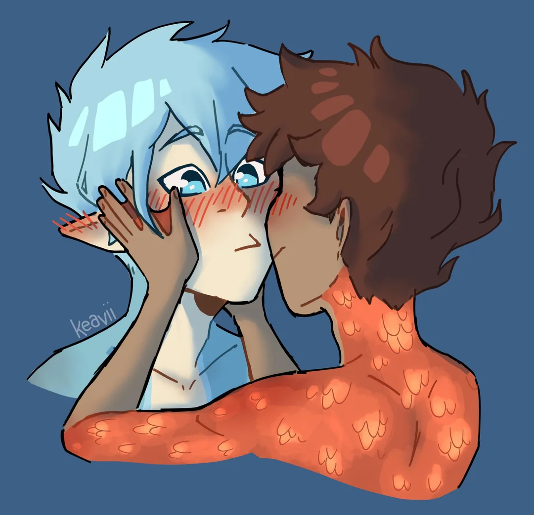 Two cute gay mermen are about to kiss. One is a shark and has spiky, sivler hair. The other has golden scales. Both are blushing.